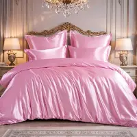 Merkloos Set di lenzuola in raso rosa, dimensioni 200 x 200 cm, con due federe e chiusura a zip