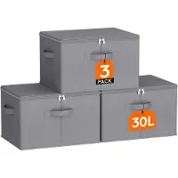 Merkloos Contenitore pieghevole grigio in tessuto non tessuto con coperchio, capacità 30 litri, dimensioni 40 x 30 x 25 cm, confezione da 3