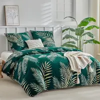 Merkloos Set di biancheria da letto 200 x 200 cm con copripiumino verde, motivo a foglie di palma dorate, in microfibra con cerniera e 2 federe 80 x 80 cm