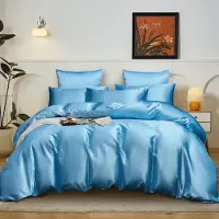 Merkloos Set di lenzuola in raso celeste, dimensioni 155 x 220 cm, con due federe e chiusura a zip