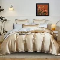 Merkloos Set di lenzuola in raso reversibile, composto da un copripiumino di 200 x 220 cm e due federe di 80 x 80 cm, nei colori oro beige e bianco