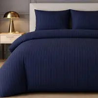 Merkloos Set di lenzuola con copripiumino a righe, colore blu navy, composto da 3 pezzi, per letto matrimoniale di dimensioni 200 x 200 cm