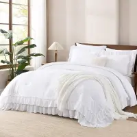Merkloos Set di lenzuola con copripiumino bianco, con balze, composto da 3 pezzi, misura matrimoniale, in microfibra