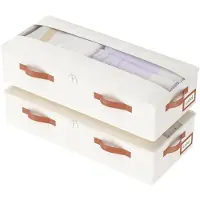 Merkloos Borsa portaoggetti sotto il letto - 60 x 30 x 15 cm - Tessuto non tessuto - Beige - Set da 2 - Con coperchio trasparente