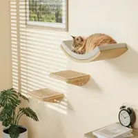 Merkloos Mobile per gatti da parete - 3 pezzi - Ripiani in legno con cuscino in schiuma - Cuccia curva con gradini in sisal