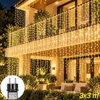 Rosikey Tenda luminosa LED 3x3 metri, luce calda, 300 LED. 10 fili, 8 modalità con timer. Ideale per decorazioni natalizie, matrimoni, feste, finestre, pareti, balconi