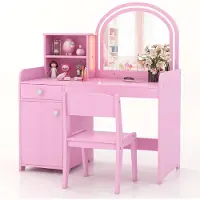 Costway Set da trucco 2 in 1 per bambini, tavolino da parrucchiere con sgabello, luci LED, specchio, armadietto e cassetto, tavolino da trucco per bambini dai 3 anni in su, colore rosa
