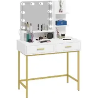 Equivera Tavolo da salotto con illuminazione LED e specchio 90x137x45 cm Oro Bianco - Tavolo da trucco con sgabello per camera da letto, bellezza e festa