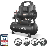 Stahlwerk Compressore con serbatoio da 9 L (ST-98 Pro) - senza olio e silenzioso, 8 bar, compressore d'aria silenzioso con motori brushless, 1,22 hp, 0,90 kW, 170 l/min