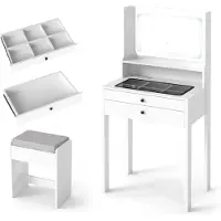 GIANTEX Set da trucco con sgabello, specchio con illuminazione a LED, 3 modalità di illuminazione e funzione di regolazione dell'intensità, tavolino da trucco con piano in vetro temperato, bianco