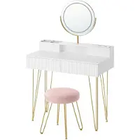 BellaFurn Comò da trucco con specchio, sgabello, illuminazione e presa di corrente integrata | Bianco opaco con dettagli dorati | 80x40x134,8 cm
