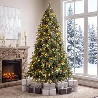 Costway Albero di Natale artificiale , altezza 210 cm, con 1198 rami in PE/PVC, luci a LED (450), 9 modalità di illuminazione, 44 pigne e bacche rosse