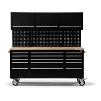 HBM banco da lavoro 182 cm con 15 cassetti, parete con armadio e pannello posteriore, piano di lavoro in legno, nero