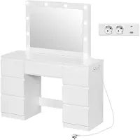 StarTech.com Comò da trucco - Tavolino per cosmetici con specchio - 7 cassetti - Specchio LED con intensità regolabile - Prese di corrente integrate - 110 x 39,5 x 140,5 cm - Bianco