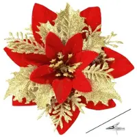 Markenlos 15 stelle di Natale scintillanti, fiori artificiali, 14 cm, rosso e oro, con clip