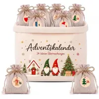 Merkloos Set per l'avvento, composto da un cesto in tessuto, 24 decorazioni in legno e sacchetti regalo