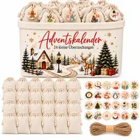 Merkloos Calendario dell'Avvento da riempire, set composto da un cesto, 24 sacchetti e decorazioni in legno
