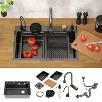 Merkloos Lavello da cucina - Acciaio inox - 1 vasca - 68 x 46 cm - Antracite - Cascata