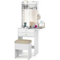 GIANTEX Tavolino da trucco con sgabello e specchio illuminato con 3 colori, tavolino da trucco con stazione di ricarica, 2 cassetti e 2 ripiani, bianco