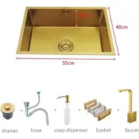 StarTech.com Lavello da cucina - Vasca singola - 55 x 40 cm, modello C - Acciaio inossidabile 304 - Con miscelatore - Quattro fori - Finitura spazzolata - Oro
